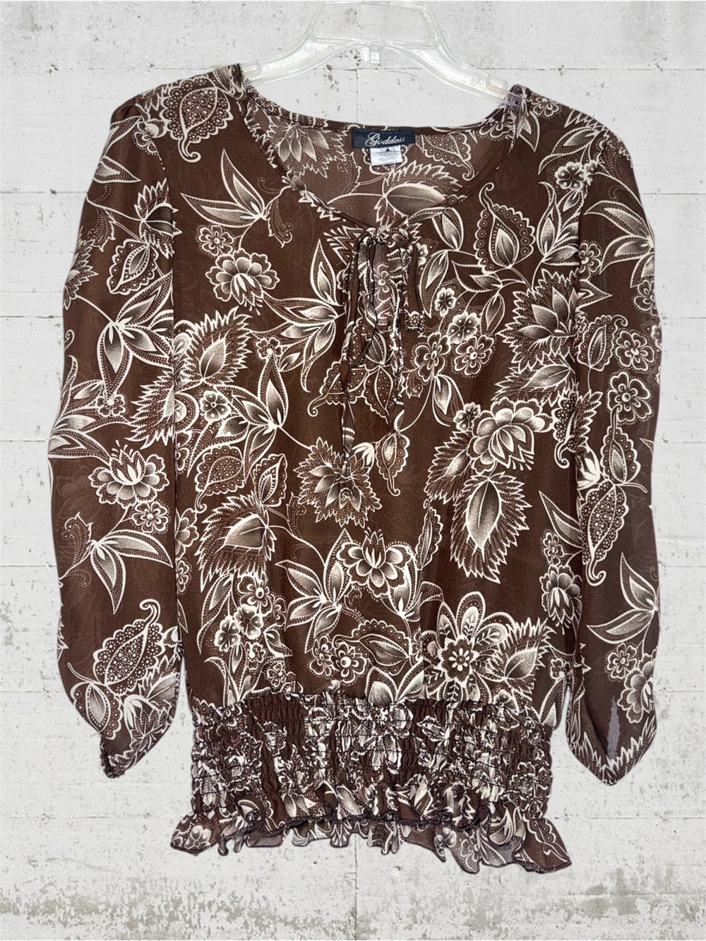 Goddess Brown Floral scoop Neck Tie-Front Smocked Hem semi sheer Blouse S